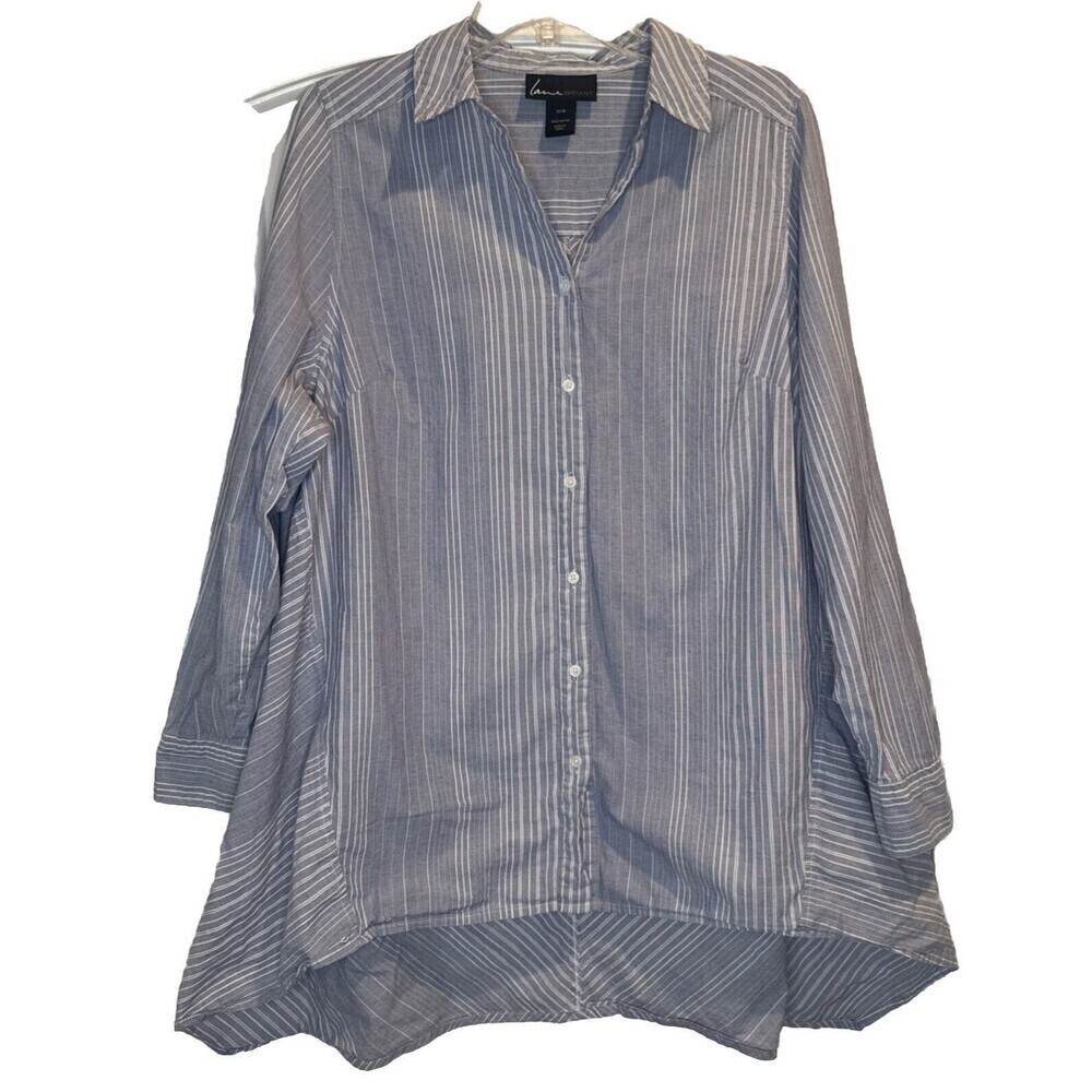 Lane Bryant Womens BLUE WHITE Striped Button Up Roll Tab Sleeves Blouse Sz 14/16
